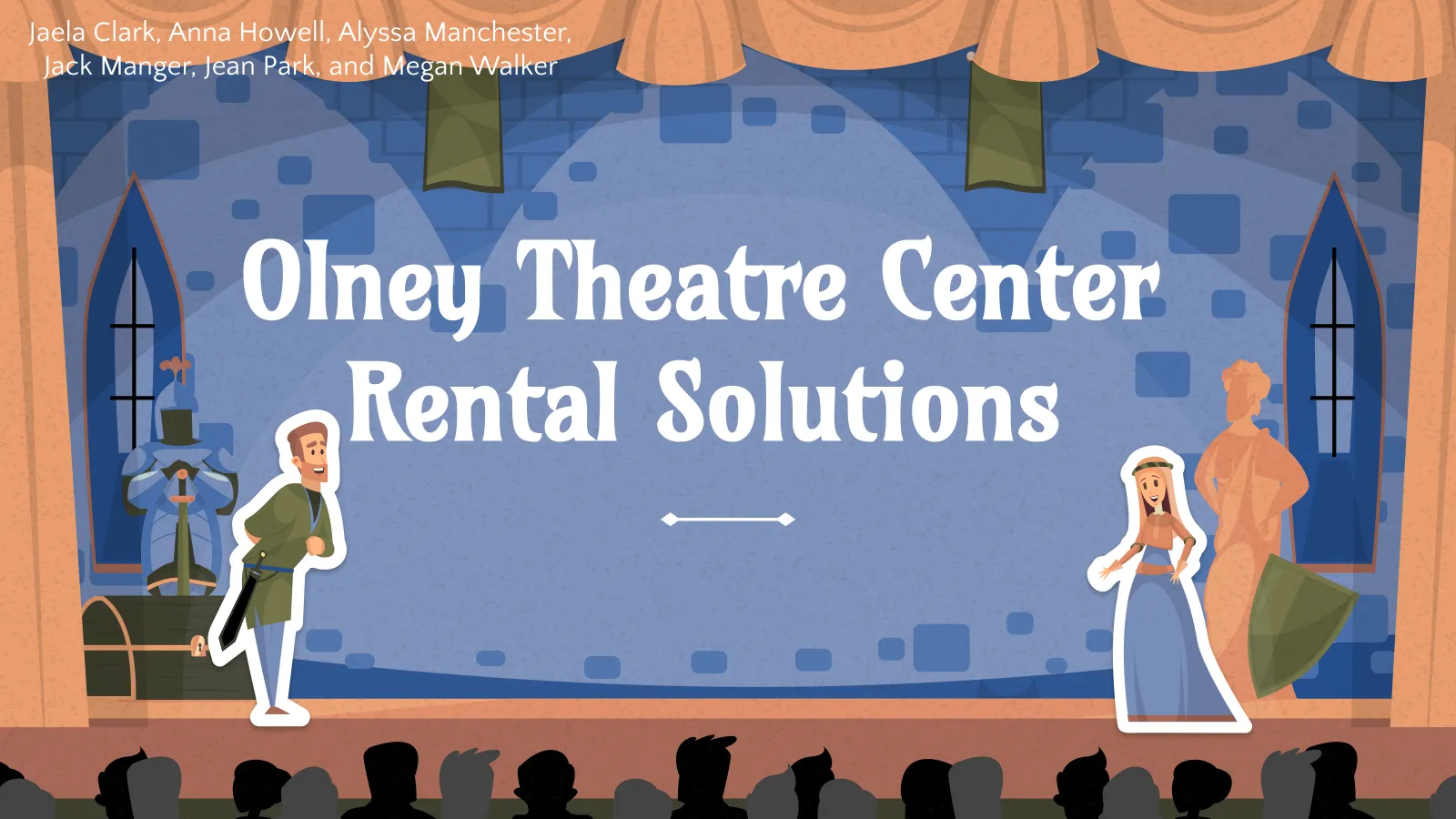 Title slide of the Olney Theatre Center rental-solutions presentation, listing the six-person consulting team.