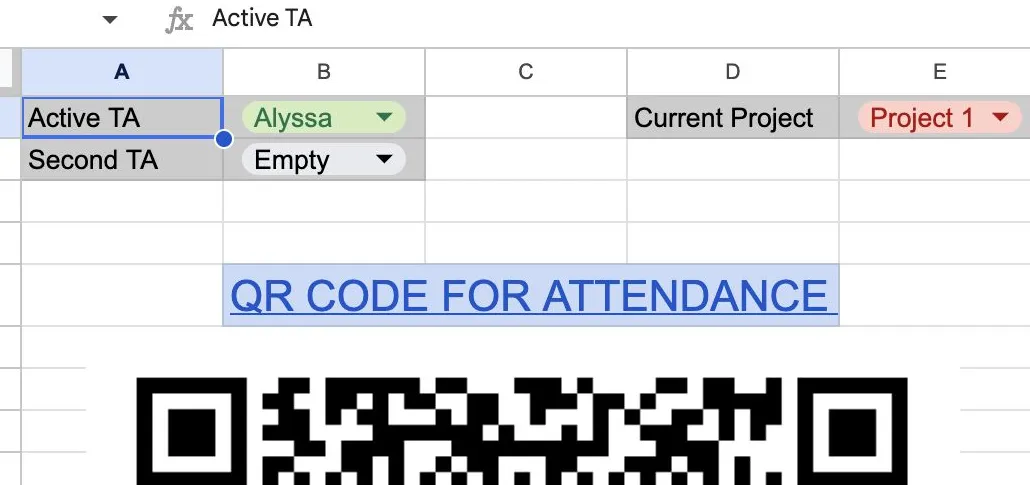 The live demo workbook Dashboard with active TA controls, the current project, and the attendance QR code.