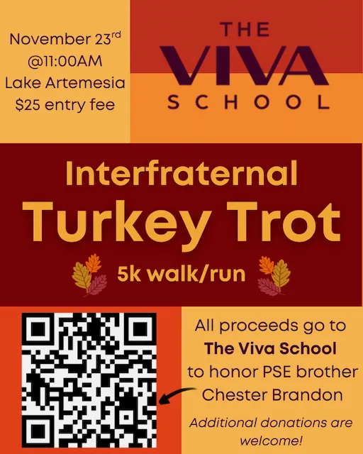 Event poster for the Interfraternal Turkey Trot 5K walk and run benefiting the VIVA School of Dance in honor of Chester Brandon.